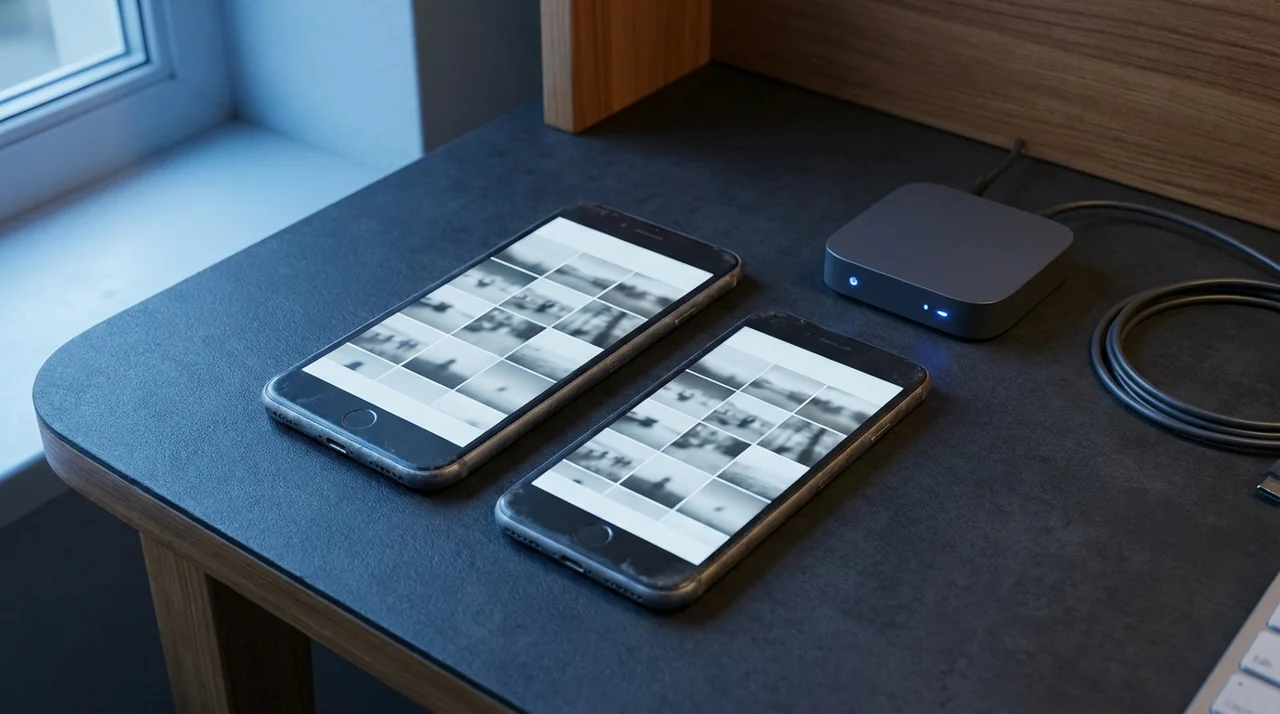 Two budget phones and router used for website speed optimization checks