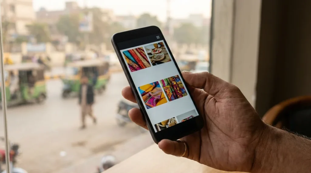 Customer using a phone during website speed optimization testing in Pakistan