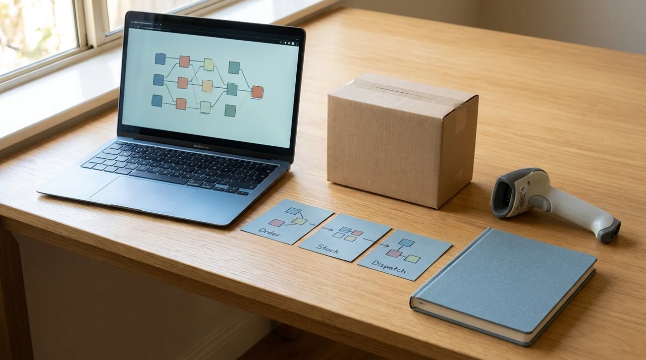 Order workflow sketch, laptop and shipping carton for integration reliability planning