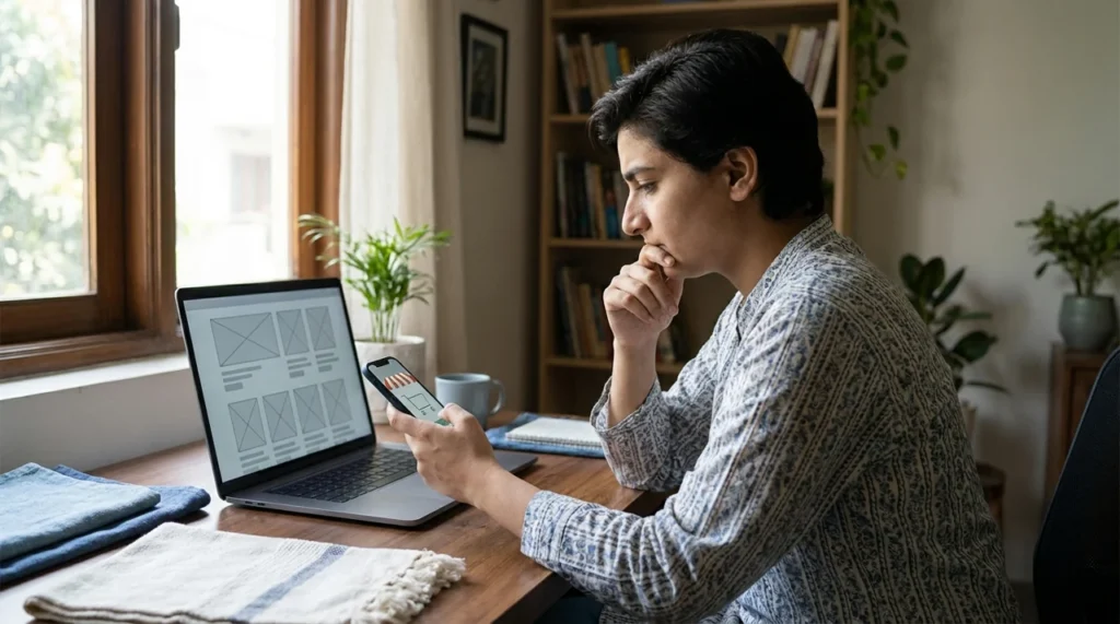 Pakistani developer testing WooCommerce speed optimization on laptop and phone