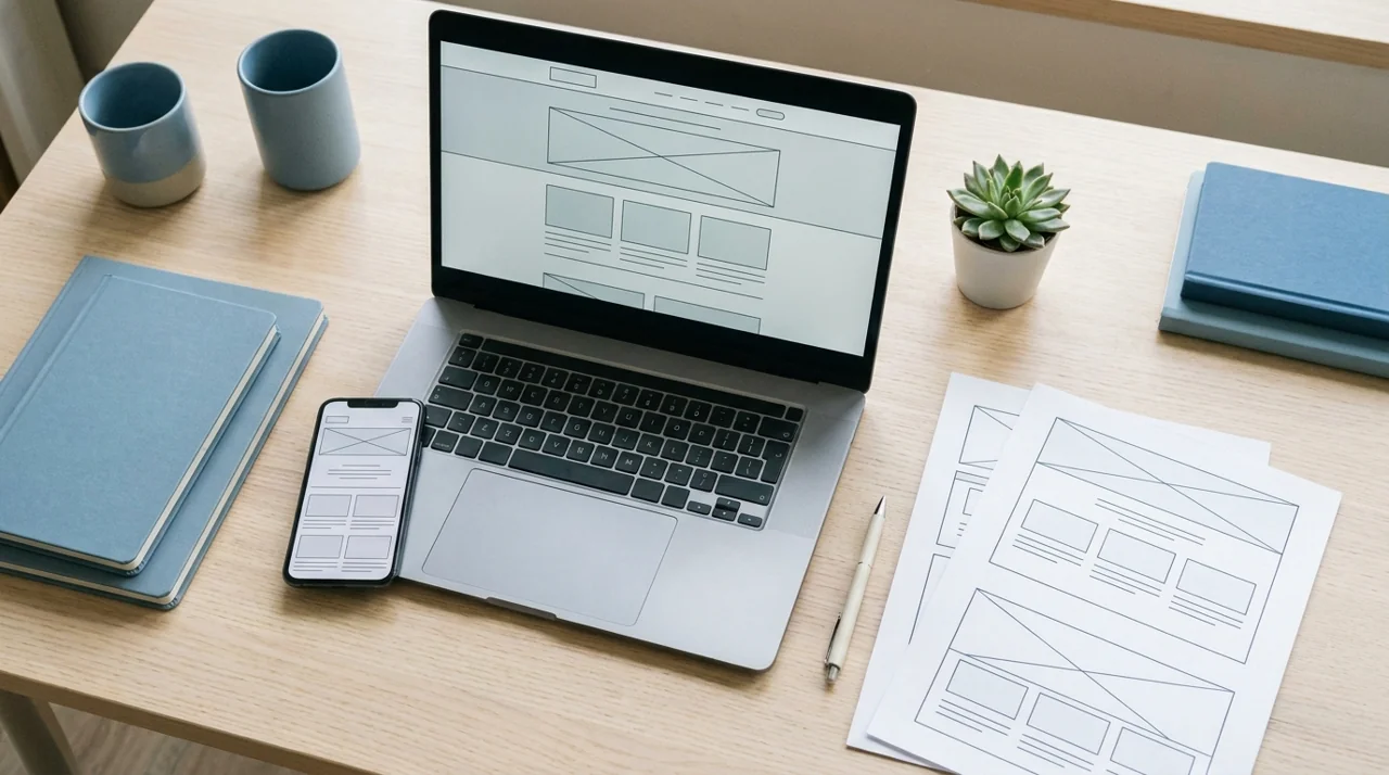 Laptop, phone and printed wireframes used to review a responsive website scope