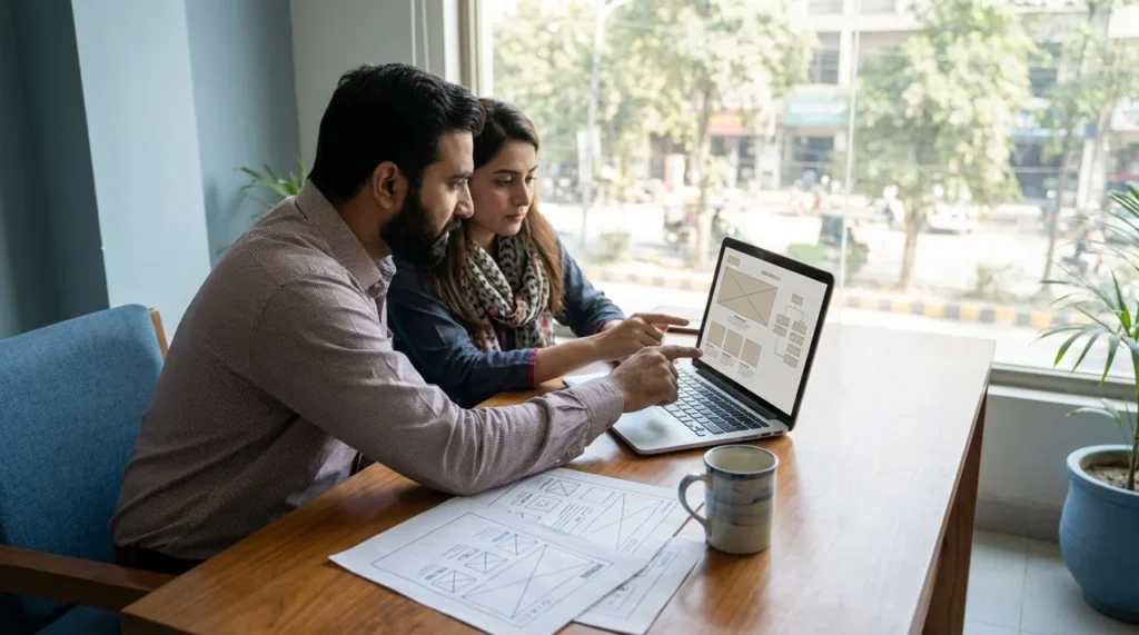 Pakistani colleagues planning WordPress development for a business website